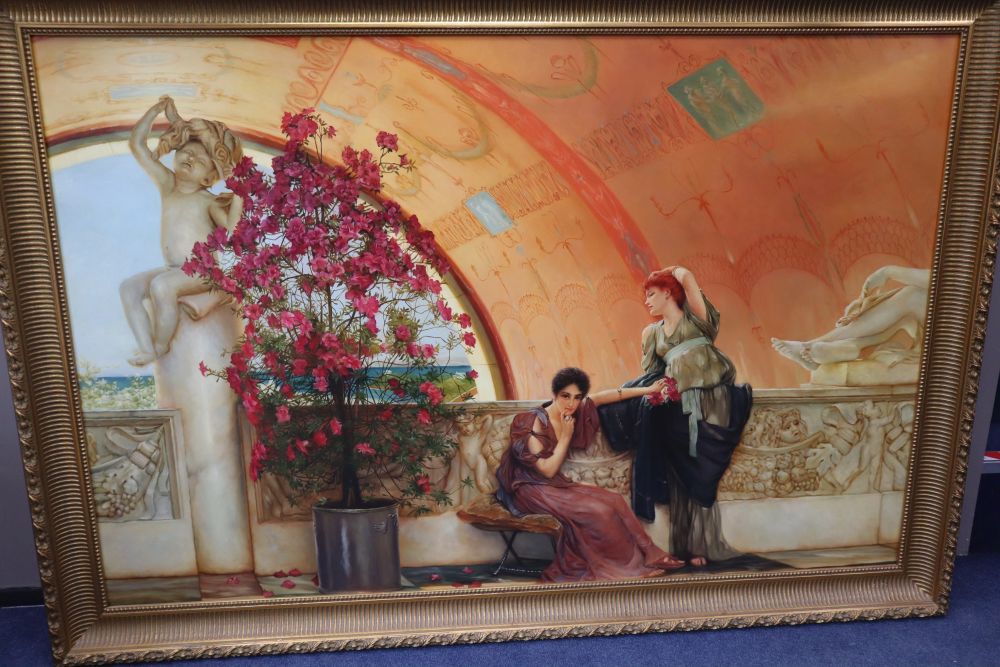 After Godward, modern oil on canvas, Ladies on a terrace, 120 x 181cm